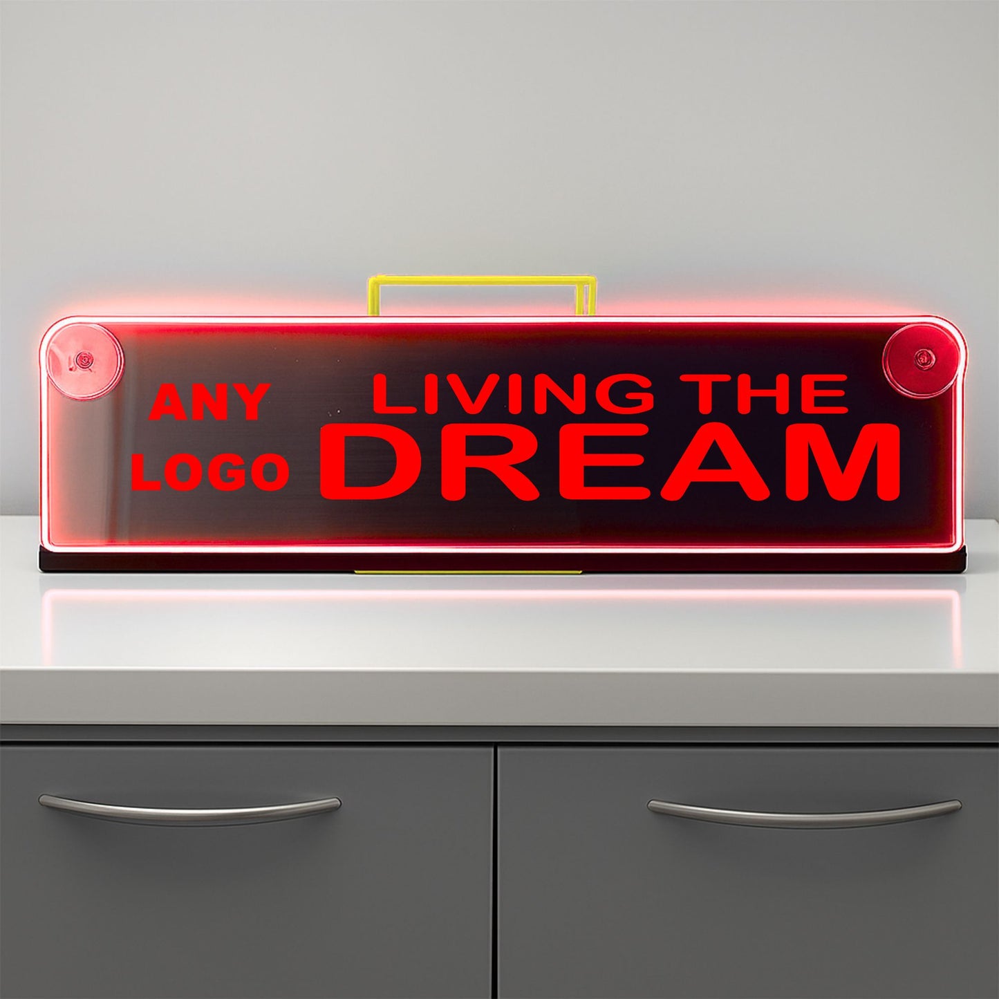 Any logo Living the dream Window LED Mirror Light – Customisable RGB Display