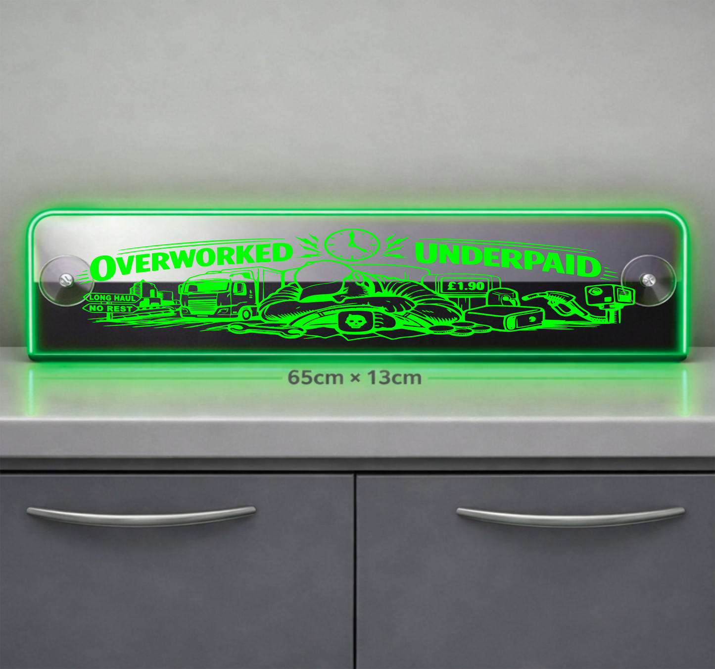 Extra Large Truck Window LED Mirror Light – Customisable RGB Display Overworked Underpaid