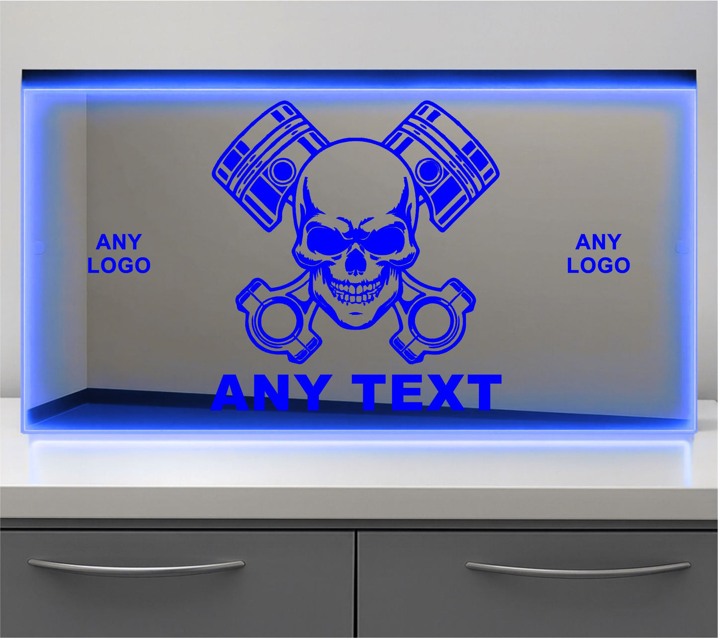 Any Logo Skull and Pistons Bulkhead LED Mirror Light – Customisable RGB Display