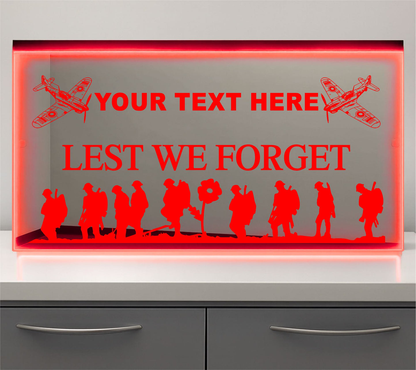 Lest we Forget with spitfires any text Bulkhead LED Mirror Light – Customisable RGB Display
