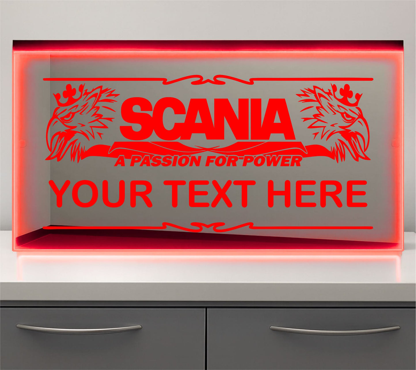 Scania a Passion for power any text Bulkhead LED Mirror Light – Customisable RGB Display
