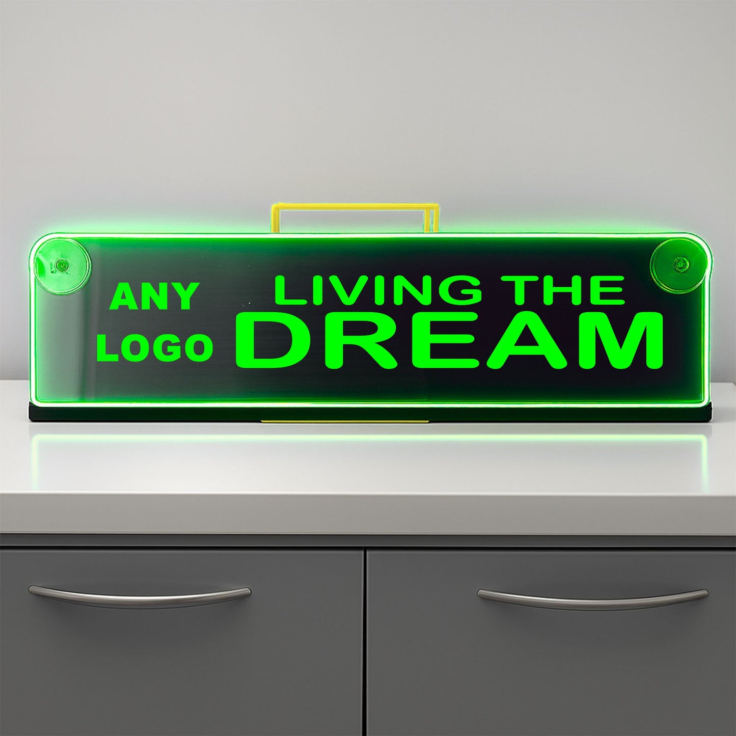 Any logo Living the dream Window LED Mirror Light – Customisable RGB Display