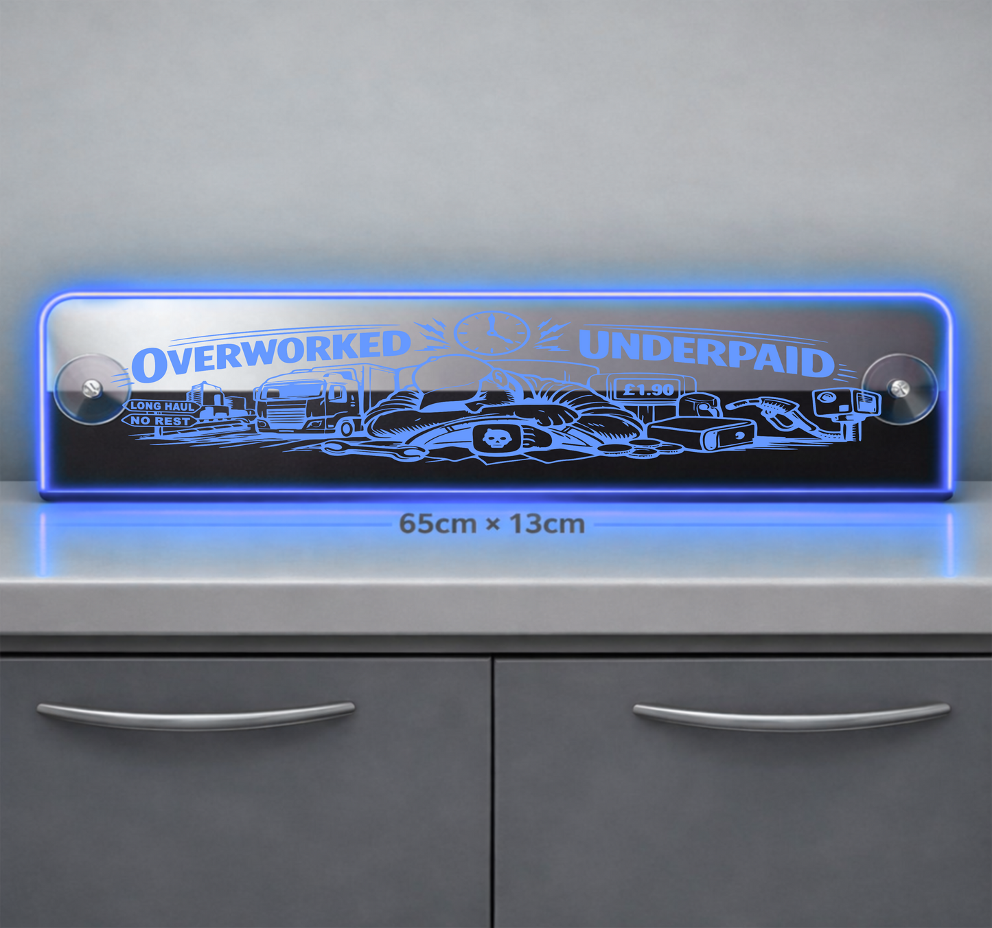 Extra Large Truck Window LED Mirror Light – Customisable RGB Display Overworked Underpaid