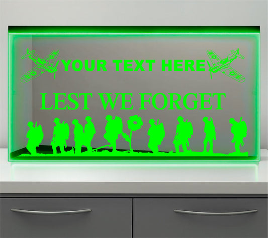 Lest we Forget with spitfires any text Bulkhead LED Mirror Light – Customisable RGB Display