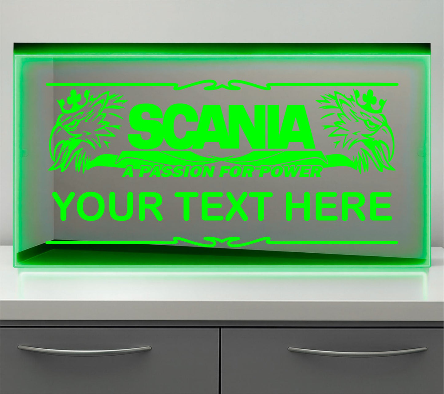 Scania a Passion for power any text Bulkhead LED Mirror Light – Customisable RGB Display