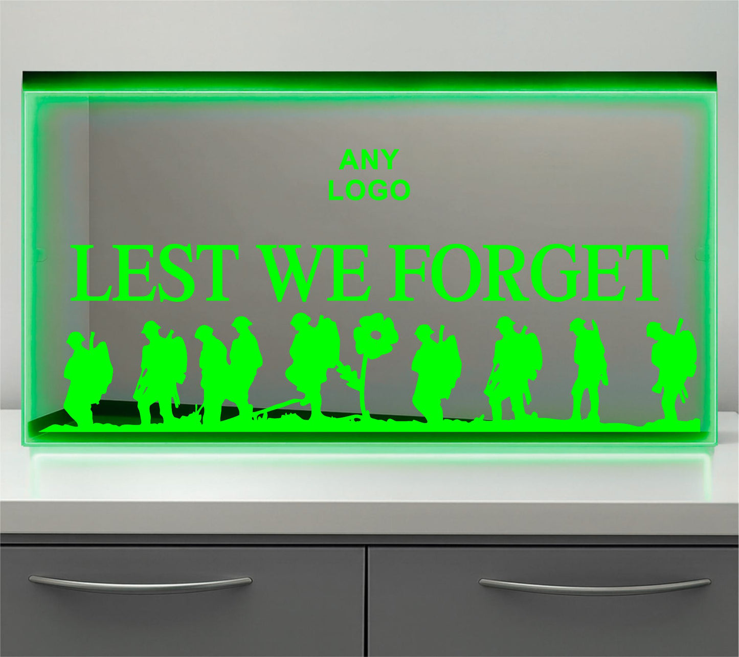 Any Logo Lest we forget Bulkhead LED Mirror Light – Customisable RGB Display