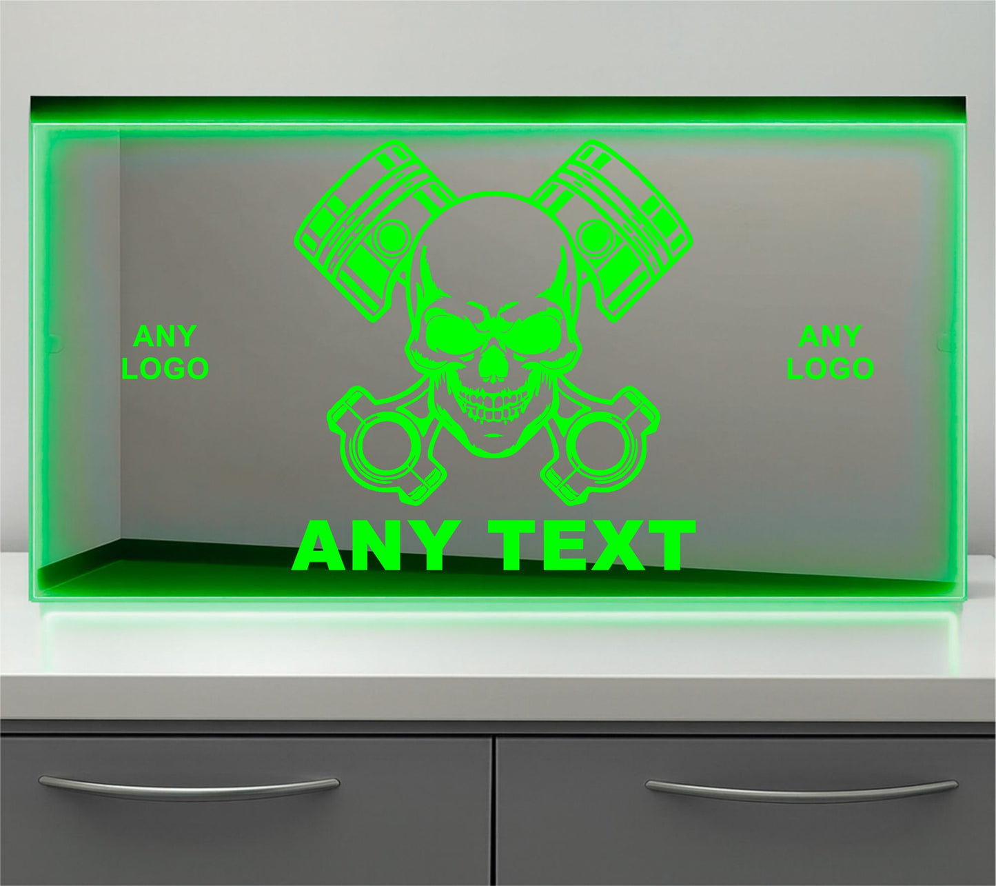 Any Logo Skull and Pistons Bulkhead LED Mirror Light – Customisable RGB Display