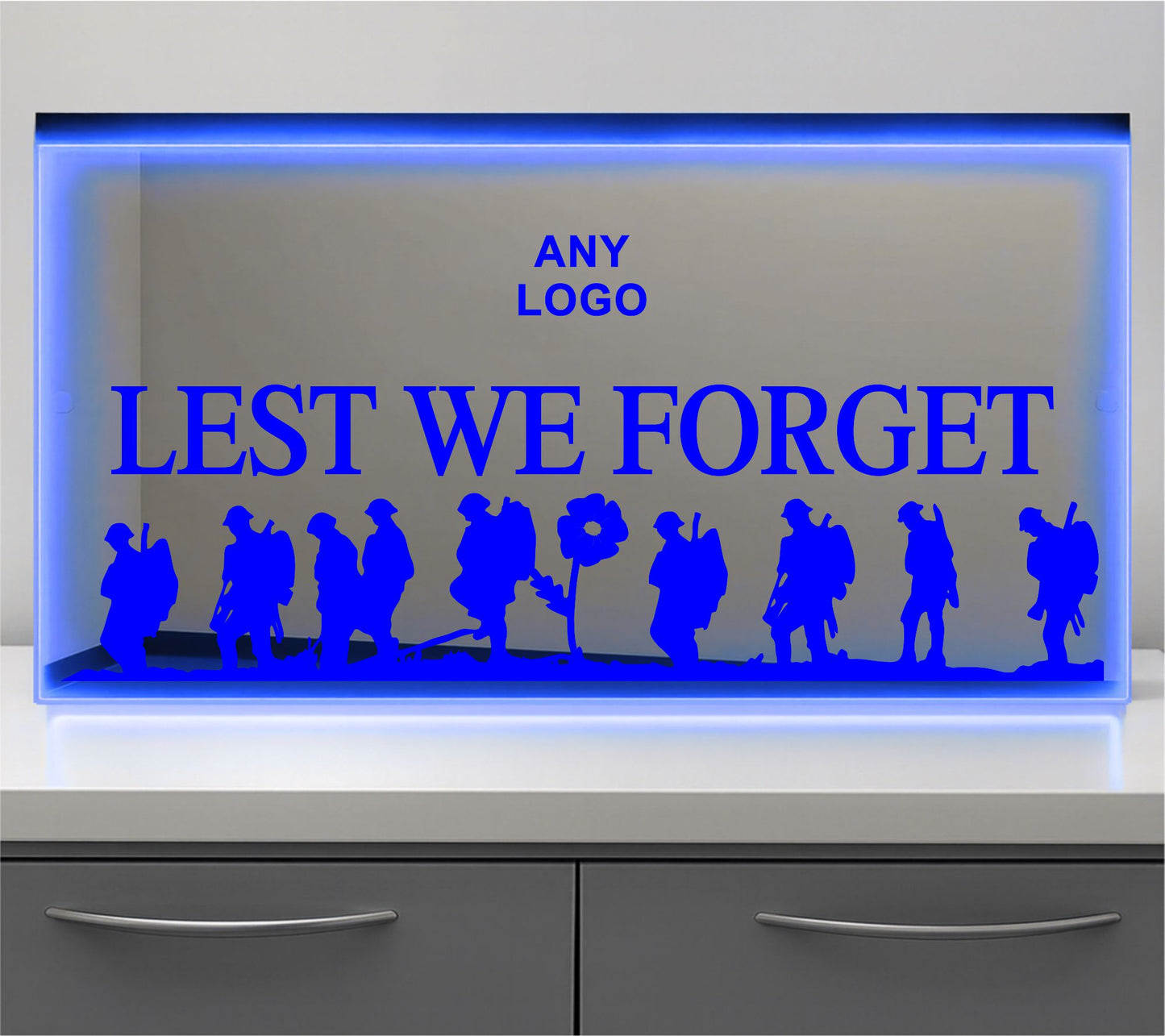 Any Logo Lest we forget Bulkhead LED Mirror Light – Customisable RGB Display