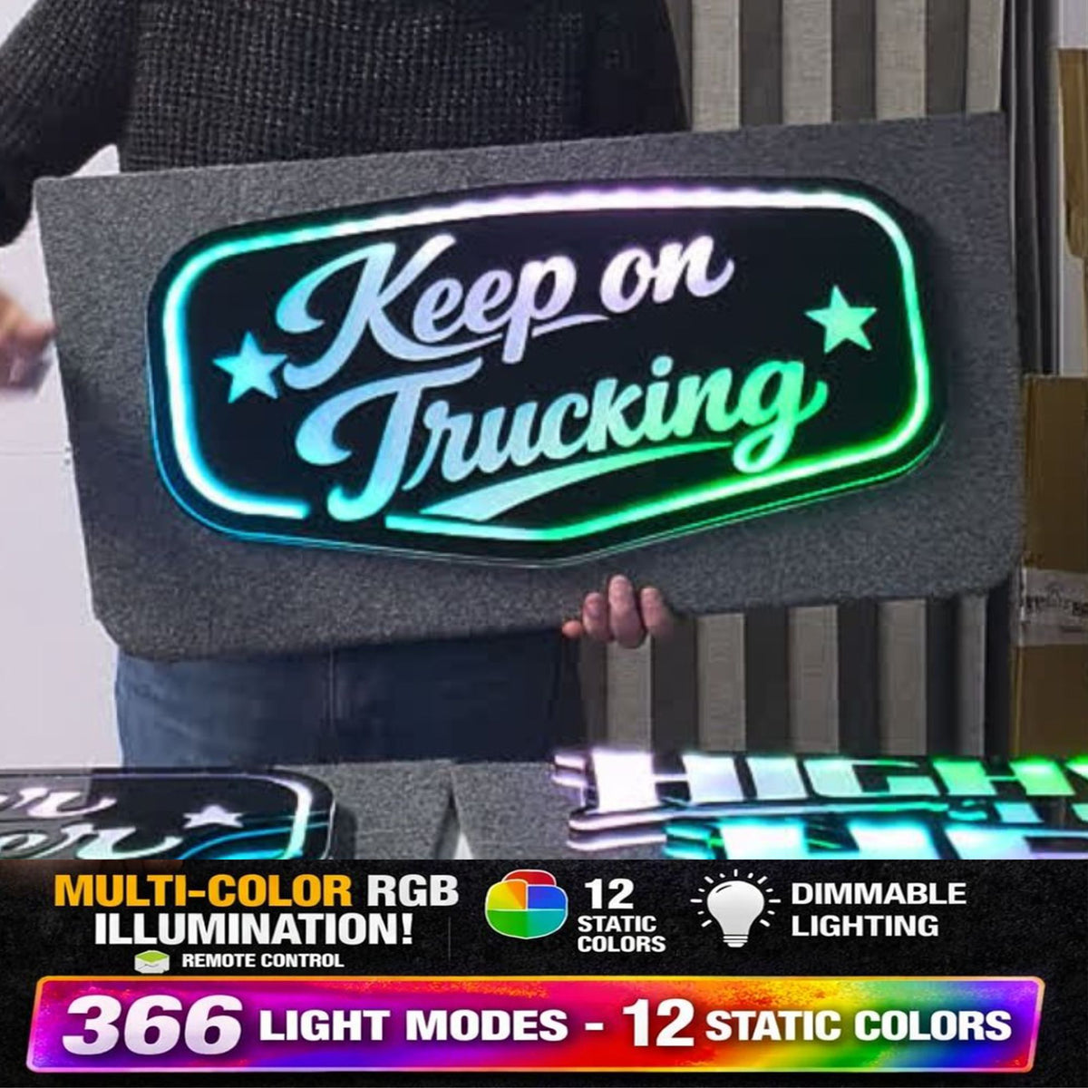 KEEP ON TRUCKING 5v Led Bulkhead Mirrored Sign RGB With Remote
