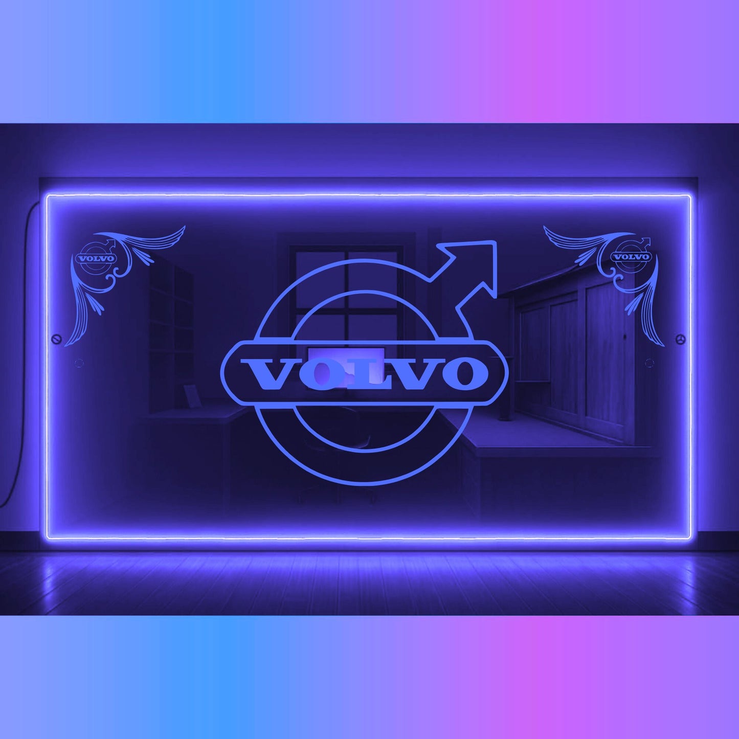 Neon sign with Volvo logo on a mirror