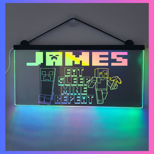 Phoenix Lights Personalised L.E.D Mirror Light Minecraft eat sleep game repeat