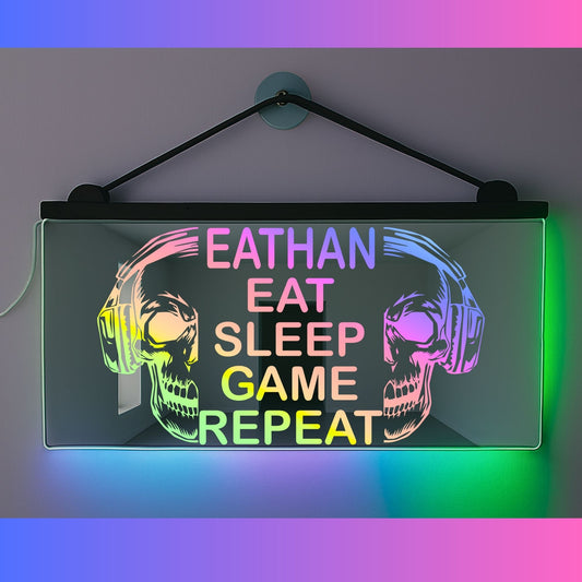 Phoenix Lights Personalised L.E.D Mirror Light Skull eat sleep game repeat