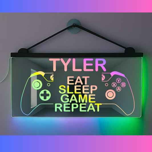 Phoenix Lights Personalised L.E.D Mirror Light xbox eat sleep game repeat